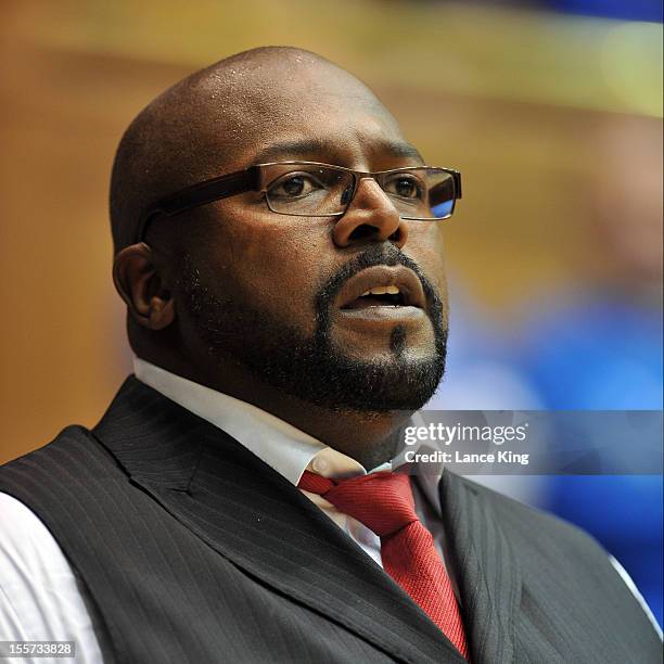 Head coach Bobby Collins of the Winston-Salem State Rams looks on from the sideline during a game against the Duke Blue Devils at Cameron Indoor...