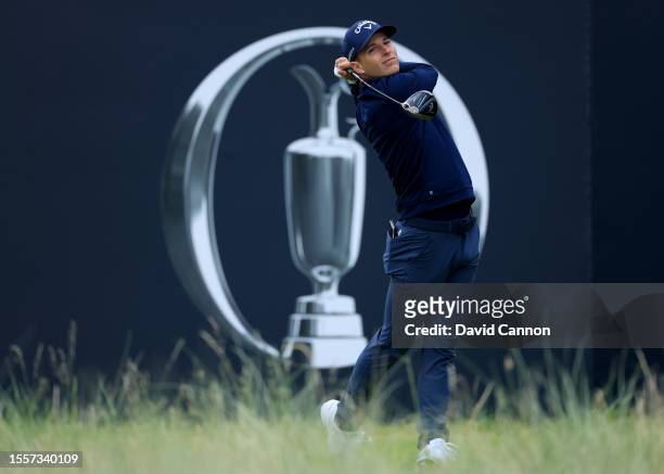 Matthew Jordan of England plays the opening tee shot at 6.5am in the first round of The 151st Open at Royal Liverpool Golf Club on July 20, 2023 in...