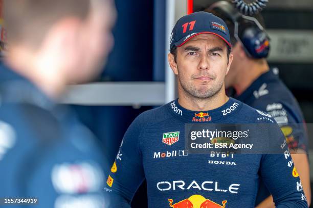 Sergio Perez, Red Bull Racing RB19 prior to the F1 Grand Prix of Hungary at Hungaroring on July 23, 2023 in Budapest, Hungary.