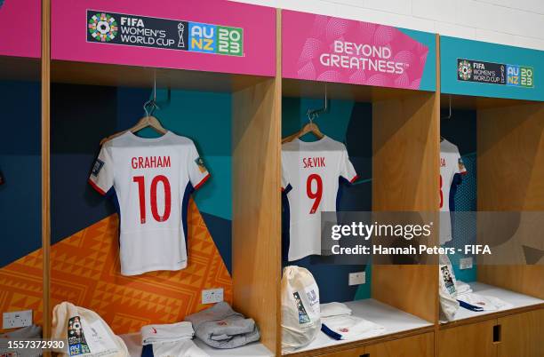 The shirts worn by Norway players are displayed inside the dressing room prior to the FIFA Women's World Cup Australia & New Zealand 2023 Group A...