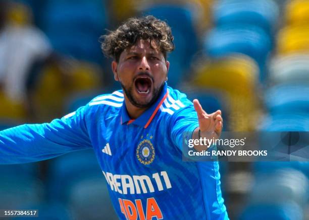 Kuldeep Yadav of India celebrates the dismissal of Yannic Cariah of West Indies during the first One Day International cricket match between West...