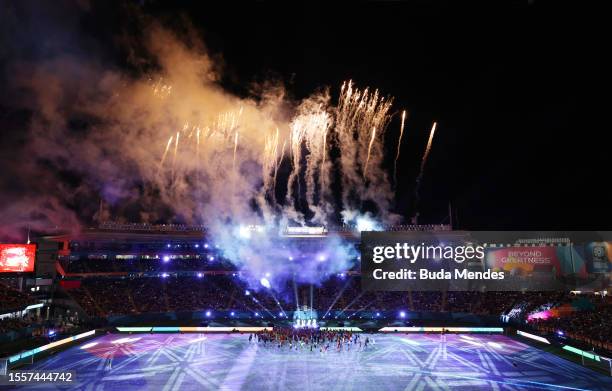 Fireworks explode during the opening ceremony prior to the FIFA Women's World Cup Australia & New Zealand 2023 Group A match between New Zealand and...