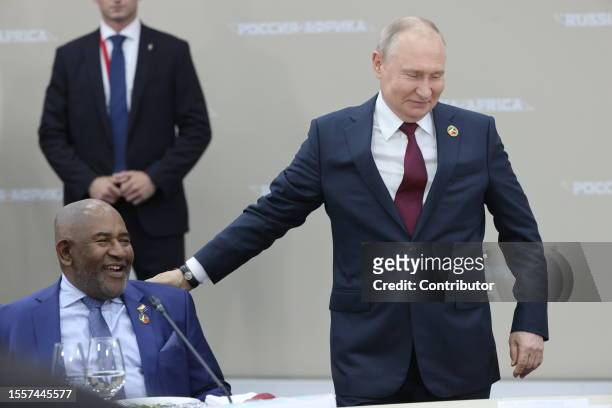 Russian President Vladimir Putin greets African Union Chairman Azali Assoumani during the Second Summit Economic And Humanitarian Forum Russia Africa...