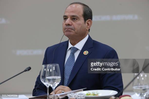 Egyptian President Abdel Fattah El-Sisi seen during a plenary session of the Second Summit Economic And Humanitarian Forum Russia Africa on July 27,...