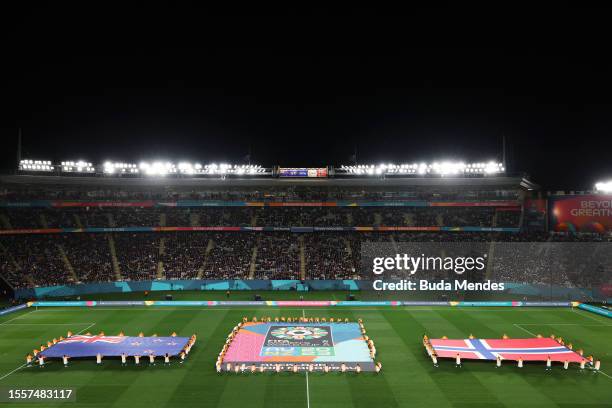 National flags of New Zealand and Norway are displayed prior to the FIFA Women's World Cup Australia & New Zealand 2023 Group A match between New...