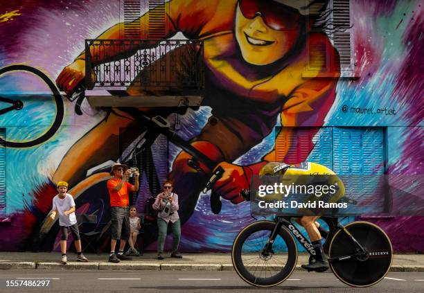 Jonas Vingegaard of Denmark and Team Jumbo-Visma - Yellow Leader Jersey sprints during the stage sixteen of the 110th Tour de France 2023 a 22.4km...