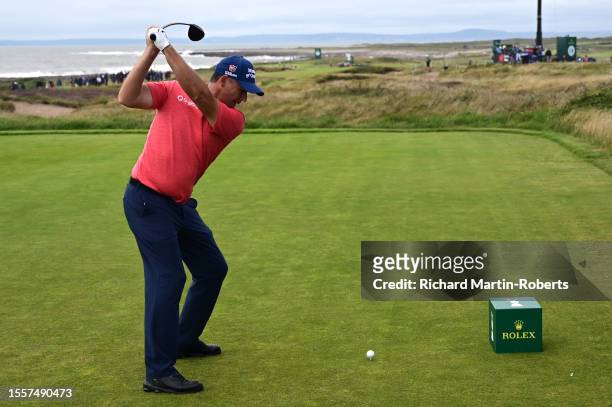Padraig Harrington of Ireland tees off on the 3rd hole during Day One of The Senior Open Presented by Rolex at Royal Porthcawl Golf Club on July 27,...