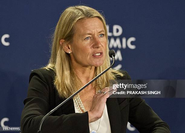 Chief Executive Officer of Save the Children International, United Kingdom Jasmine Whitbread speaks during the World Economic Forum summit in Gurgaon...