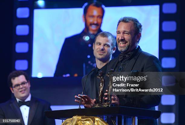 Actor Josh Gad presents honorees Matt Stone and Trey Parker with The Charlie Chaplin Britannia Award for Excellence in Comedy onstage at the 2012...