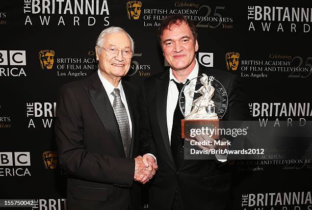 Producer Roger Corman and honoree Quentin Tarantino pose with The John Schlesinger Britannia Award for Excellence in Directing backstage at the 2012...