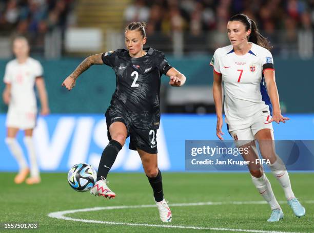 Ria Percival of New Zealand controls the ball against Ingrid Syrstad Engen of Norway during the FIFA Women's World Cup Australia & New Zealand 2023...