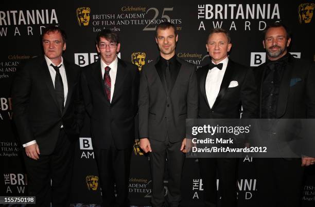 Honorees Quentin Tarantino, Will Wright, Matt Stone, Daniel Craig and Trey Parker pose in the Honoree Green Room during the 2012 BAFTA Los Angeles...
