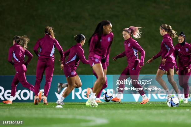 Alexia Putellas in action during a Spain training session ahead of the FIFA Women's World Cup Australia & New Zealand 2023 at Newtown Park on July...