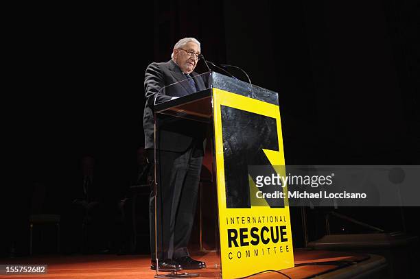 Dr. Henry A. Kissinger speaks onstage at the annual Freedom Award Benefit hosted by the International Rescue Committee at The Waldorf=Astoria on...