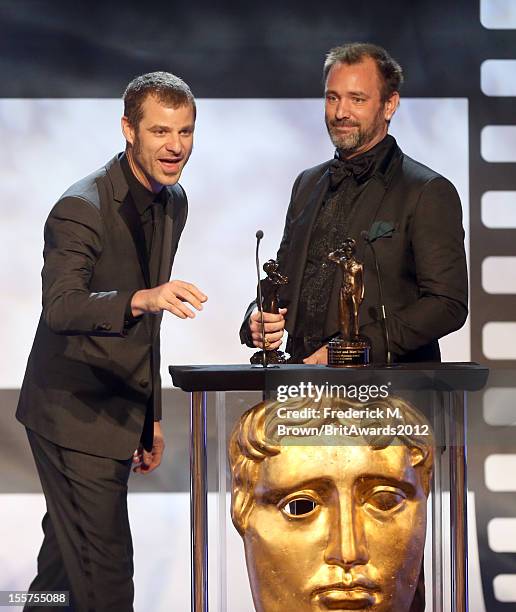 Honorees Matt Stone and Trey Parker accept The Charlie Chaplin Britannia Award for Excellence in Comedy onstage at the 2012 BAFTA Los Angeles...