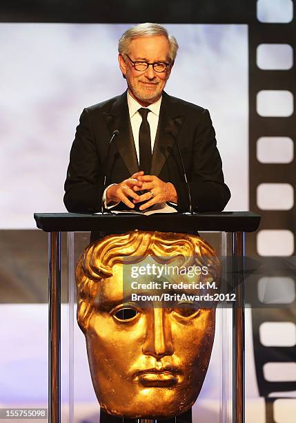 Presenter Steven Spielberg speaks onstage at the 2012 BAFTA Los Angeles Britannia Awards Presented By BBC AMERICA at The Beverly Hilton Hotel on...