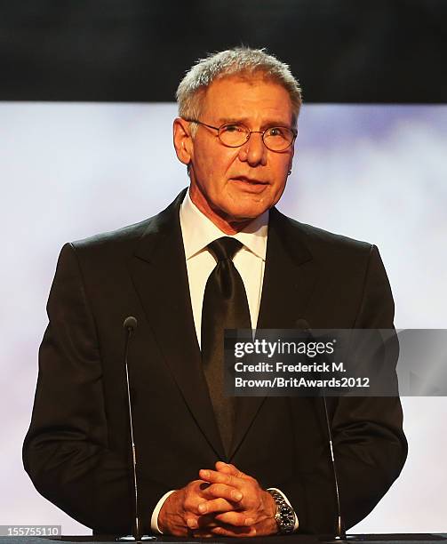 Presenter Harrison Ford speaks onstage at the 2012 BAFTA Los Angeles Britannia Awards Presented By BBC AMERICA at The Beverly Hilton Hotel on...