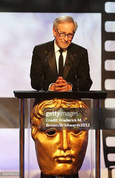 Presenter Steven Spielberg speaks onstage at the 2012 BAFTA Los Angeles Britannia Awards Presented By BBC AMERICA at The Beverly Hilton Hotel on...