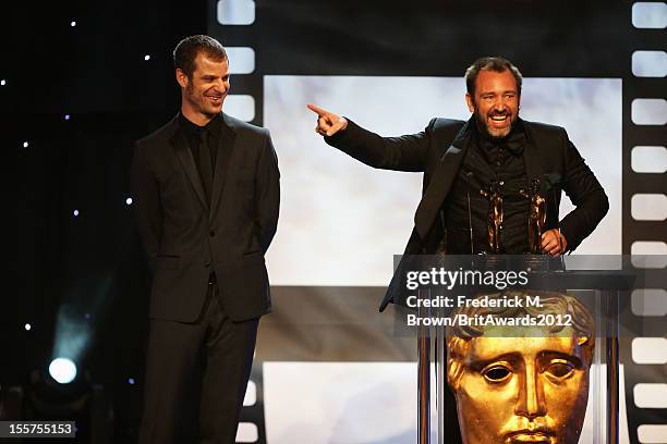 Honorees Matt Stone and Trey Parker accept The Charlie Chaplin Britannia Award for Excellence in Comedy onstage at the 2012 BAFTA Los Angeles...
