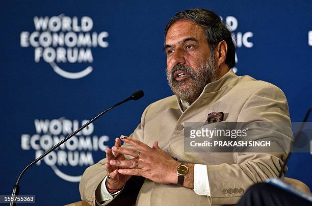 Indian Minister for Commerce and Industry and Textiles Anand Sharma speaks during the World Economic Forum summit in Gurgaon on November 8, 2012....
