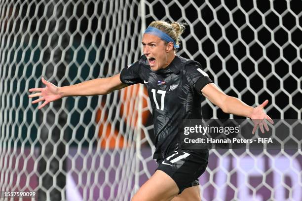 Hannah Wilkinson of New Zealand celebrates after scoring her team's first goal during the FIFA Women's World Cup Australia & New Zealand 2023 Group A...