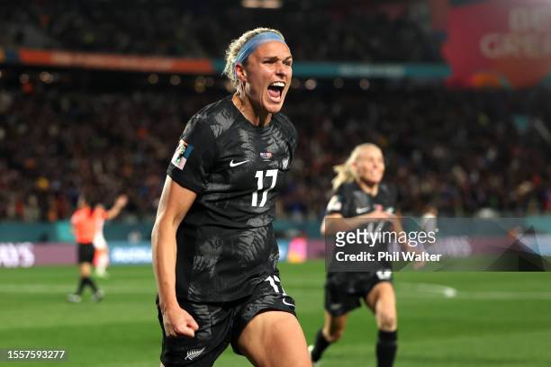 Hannah Wilkinson of New Zealand celebrates after scoring her team's first goal during the FIFA Women's World Cup Australia & New Zealand 2023 Group A...