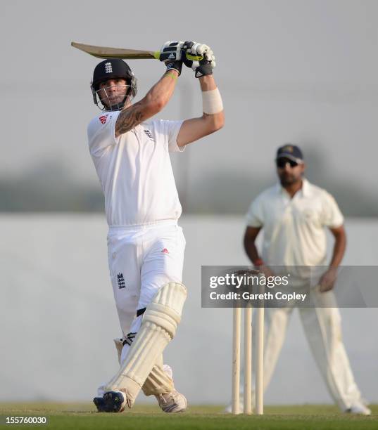 Kevin Pietersen of England bats during the tour match between England and Haryana at Sardar Patel Stadium ground B on November 8, 2012 in Ahmedabad,...