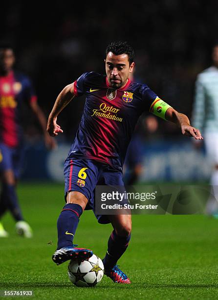 Barcelona player Xavi Hernandez in action during the UEFA Champions League Group G match between Celtic and Barcelona at Celtic Park on November 7,...