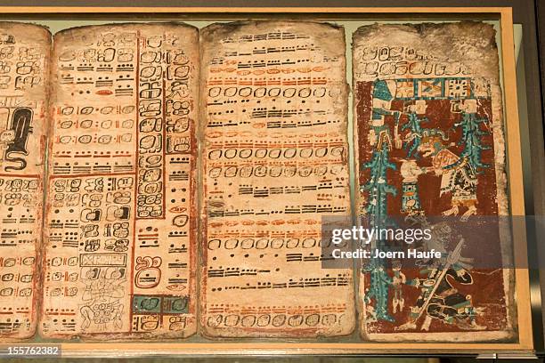 Sky caiman vomits water on one of the last pages of the 12th-century Dresden Codex, also known as the "Codex Dresdensis", one of four historic Mayan...