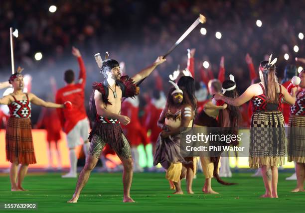 Dancers perform during the opening ceremony prior to the FIFA Women's World Cup Australia & New Zealand 2023 Group A match between New Zealand and...
