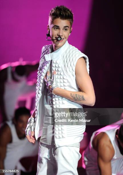 Justin Bieber performs during the 2012 Victoria's Secret Fashion Show at the Lexington Avenue Armory on November 7, 2012 in New York City.