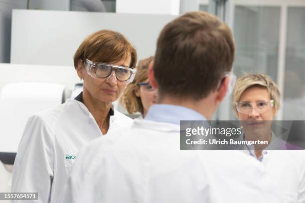 Bettina Stark-Watzinger , Federal Minister for Education and Research, visits the biotechnology company BioNTech SE on July 27, 2023 in Mainz,...
