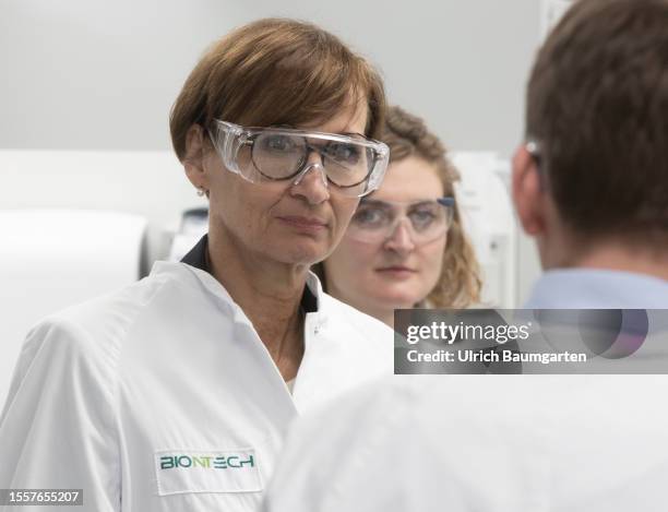 Bettina Stark-Watzinger , Federal Minister for Education and Research, visits the biotechnology company BioNTech SE on July 27, 2023 in Mainz,...