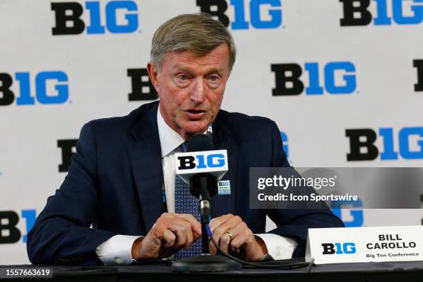 Bill Carollo Coordinator of Football Officials speaks to the media during the Big Ten Conference Media Days on July 27, 2023 at Lucas Oil Stadium in...