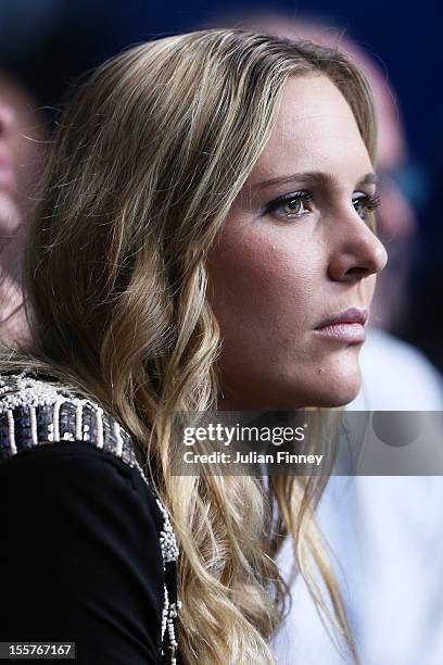 Former tennis player Nicole Vaidisova the wife of Radek Stepanek of Czech Republic watches his men's doubles match against Marcel Granollers of Spain...