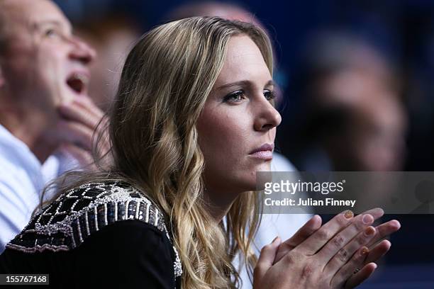 Former tennis player Nicole Vaidisova the wife of Radek Stepanek of Czech Republic watches his men's doubles match against Marcel Granollers of Spain...