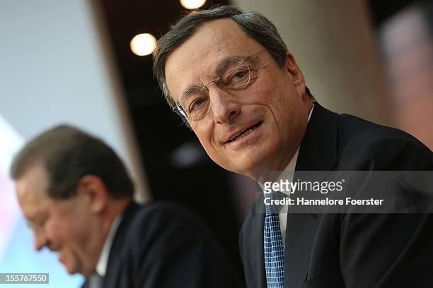 Vitor Constancio, Vice- President of the European Central Bank , and Mario Draghi, President of the European Centralbank, speaks to the media about...