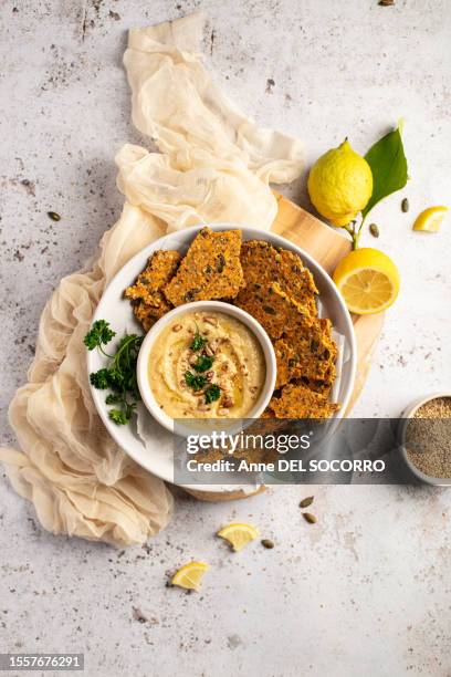 homemade chickpea hummus and crackers - dips stock pictures, royalty-free photos & images