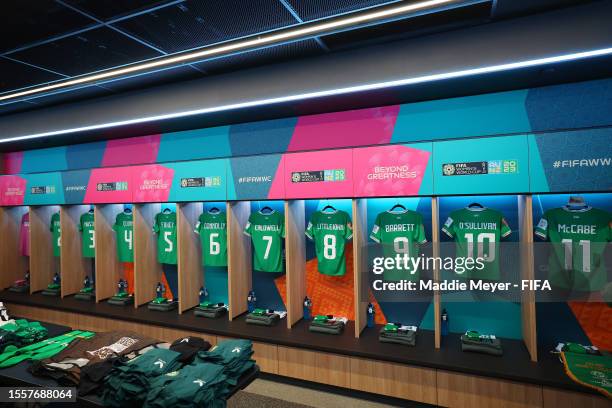 The shirts worn by Republic of Ireland players are displayed in the dressing room prior to the FIFA Women's World Cup Australia & New Zealand 2023...