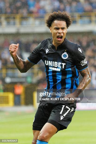 Club's Tajon Buchanan celebrates after scoring during a first leg game between Belgian soccer team Club Brugge and Danish AGF Aarhus, in the second...