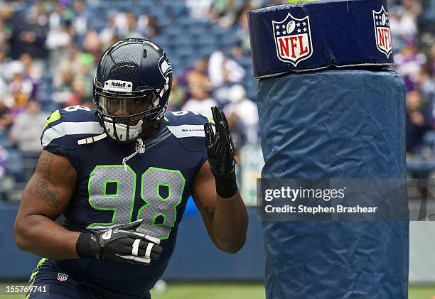 Greg Scruggs of the Seattle Seahawks warms up before a game against the Minnesota Vikings at CenturyLink Field on November 4, 2012 in Seattle,...