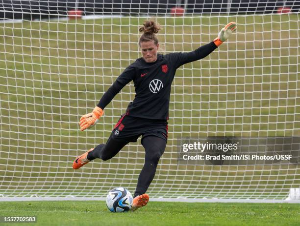 Alyssa Naeher of the United States kicks the ball during a USWNT training session at Bay City Park on July 20, 2023 in Auckland, New Zealand.