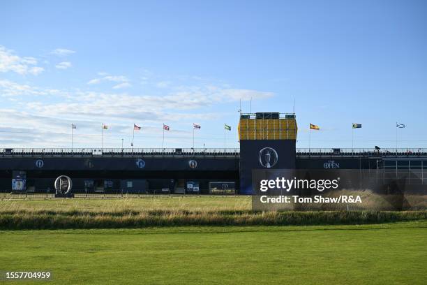 General view of the back of the 18th hole grandstand from the 3rd hole prior to The 151st Open at Royal Liverpool Golf Club on July 19, 2023 in...