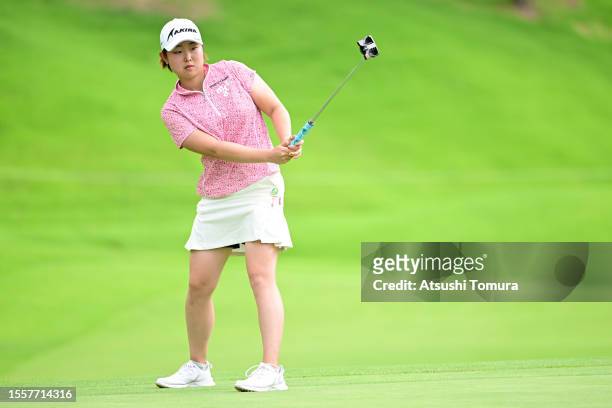 Mio Kotaki of Japan putts on the 9th hole during the first round of DAITO KENTAKU eheyanet Ladies at the Queen's Hill Golf Club on July 20, 2023 in...
