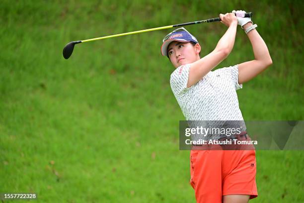 Chisato Iwai of Japan hits her tee shot on the 5th hole during the first round of DAITO KENTAKU eheyanet Ladies at the Queen's Hill Golf Club on July...