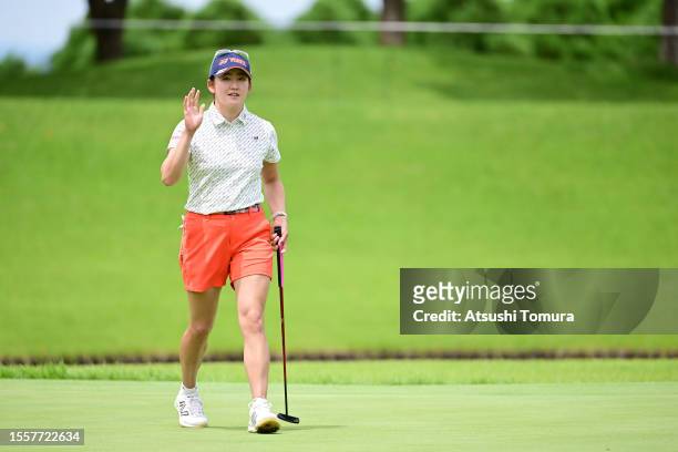 Chisato Iwai of Japan celebrates after making her birdie putt on the 4th hole during the first round of DAITO KENTAKU eheyanet Ladies at the Queen's...