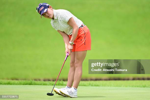 Chisato Iwai of Japan putts on the 4th hole during the first round of DAITO KENTAKU eheyanet Ladies at the Queen's Hill Golf Club on July 20, 2023 in...