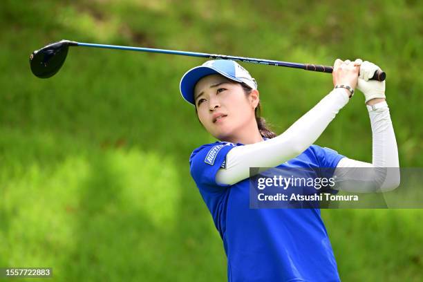 Kana Mikashima of Japan hits her tee shot on the 5th hole during the first round of DAITO KENTAKU eheyanet Ladies at the Queen's Hill Golf Club on...