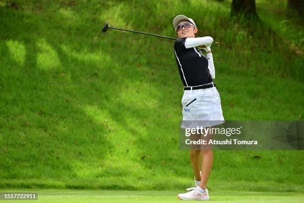Yuka Yasuda of Japan hits her tee shot on the 5th hole during the first round of DAITO KENTAKU eheyanet Ladies at the Queen's Hill Golf Club on July...
