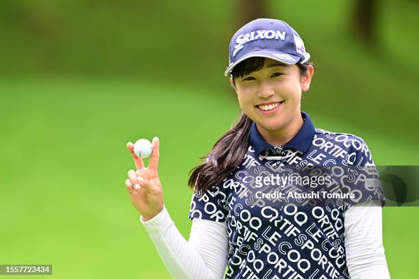 Nana Suganuma of Japan smiles during the first round of DAITO KENTAKU eheyanet Ladies at the Queen's Hill Golf Club on July 20, 2023 in Itoshima,...